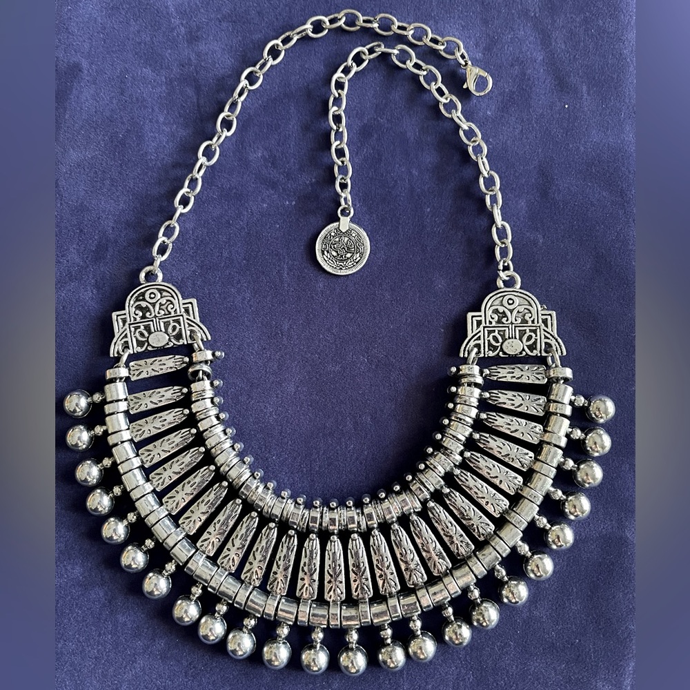 Turkish Bib Contemporary Necklace Pewter Engraved Beaded Collar Unique Necklace
